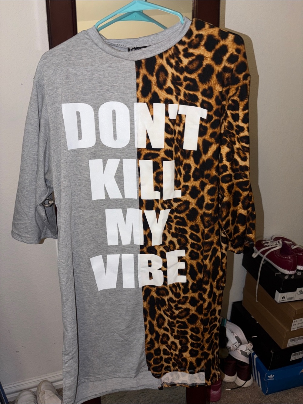 Fashion Nova Gray & Leopard Print Short Sleeve Tee "Don't Kill My Vibe"